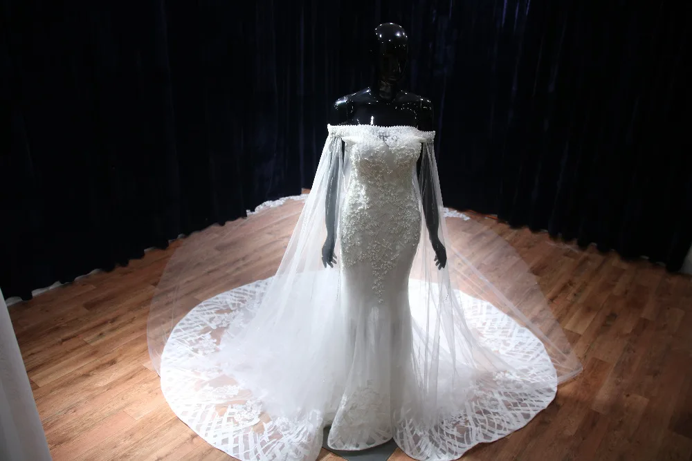 Роскошные Лодка шеи Русалка свадебное платье принцесса длинный белый Тюль