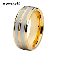 8mm gold tungsten wedding band ring for men women grooved center brushed finish beveled edges