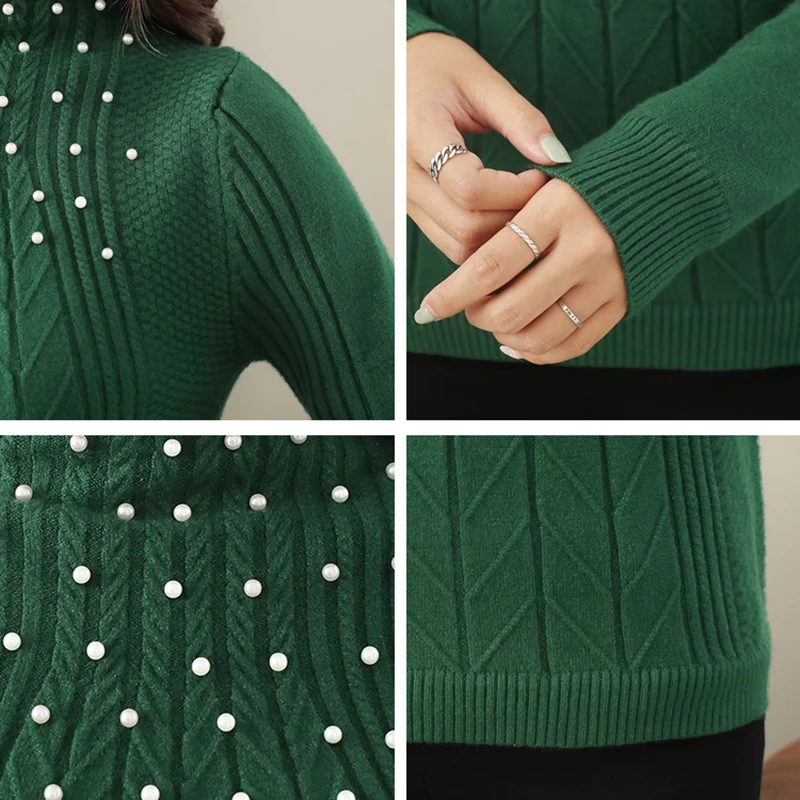 Autumn Winter Women Knitted Sweater 2018 Fashion Beading Wild Long-sleeved Half-high Collar Slim Knit Pullover Sweaters | Женская одежда