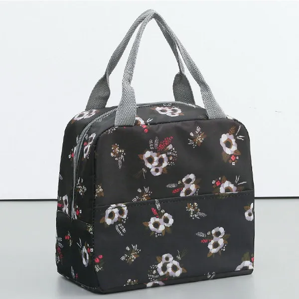 Black White Flower Oeak Portable Insulated Oxford Lunch Bags Thermal Food Picnic Lunch Bags For Women Kids Functional Pattern Cooler - Цвет: Black White Flower