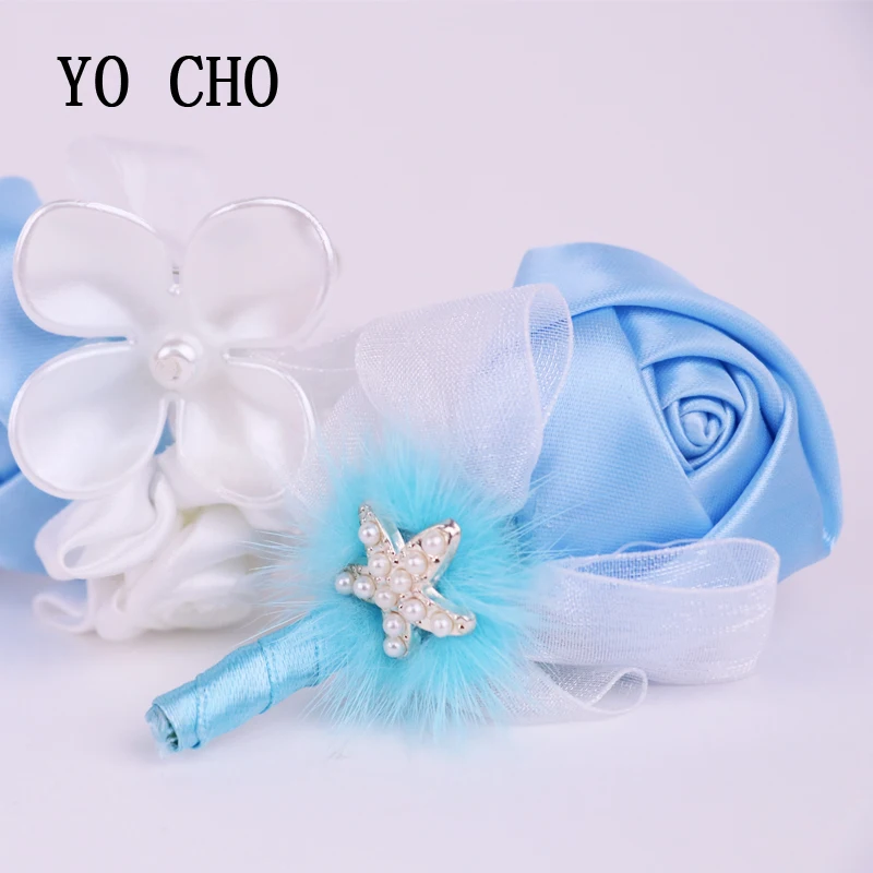 

YO CHO Wedding Decoration Blue Rose With Diamond Wrist Corsage Flower Silk Lace Artificial Brides Bridesmaid Wrist Flower Prom