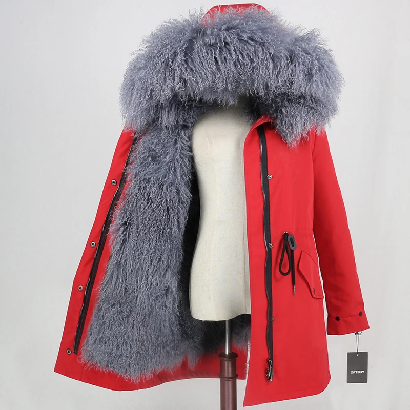 red grey OFTBUY,, настоящая монгольская овечья шерсть, пальто, женская длинная парка, зимняя куртка, съемная, водонепроницаемая, верхняя одежда, роскошный бренд, уличная одежда - Цвет: red grey