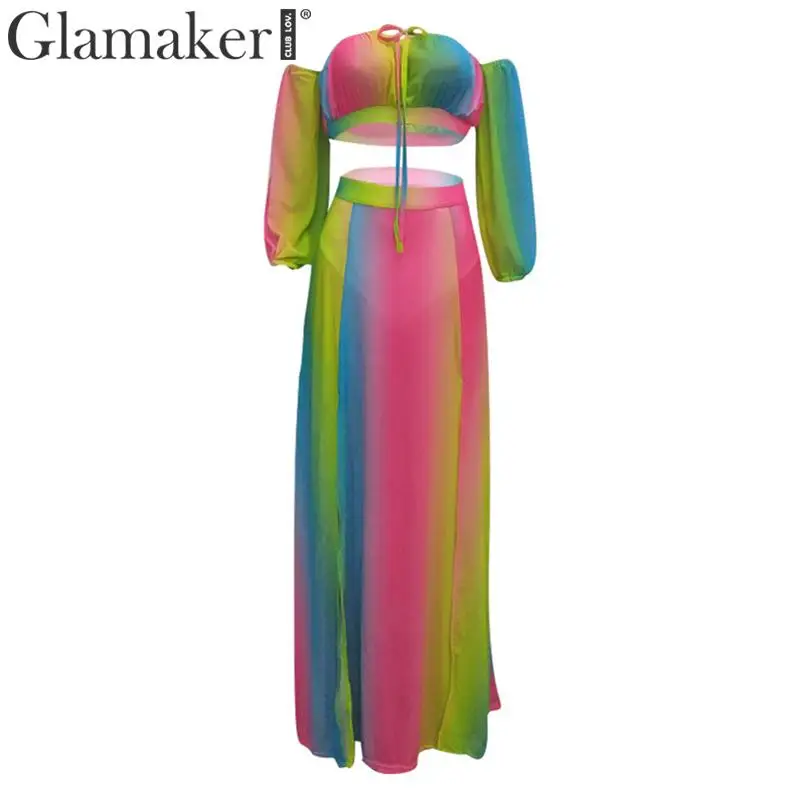 Зеленый Glamaker, Радужный костюм из 3 предметов, винтажное платье, женское платье с открытыми плечами, негабаритное летнее макси платье на шнуровке, с высоким разрезом, вечерние, Клубные, vestidos - Цвет: Зеленый