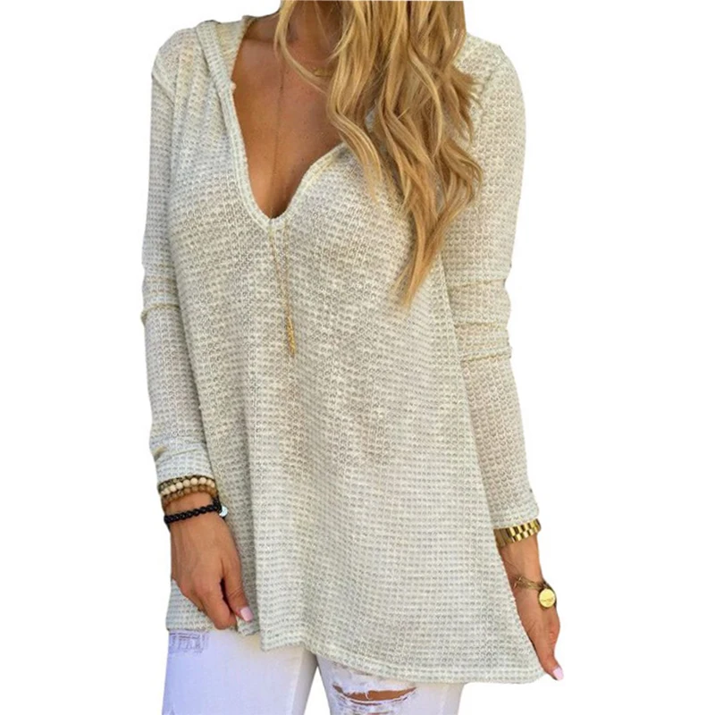 Футболка женская с глубоким V-образным вырезом и капюшоном удобная трикотажная