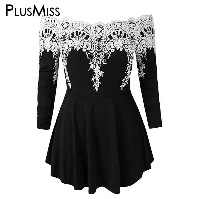 Черный PlusMiss размера плюс 5XL сексуальный из кружев «кроше» с длинной баской блузка женские большие размеры с открытыми плечами платье-туника с длинным рукавом Топы женские XXXXL XXXL XXL - Цвет: Черный