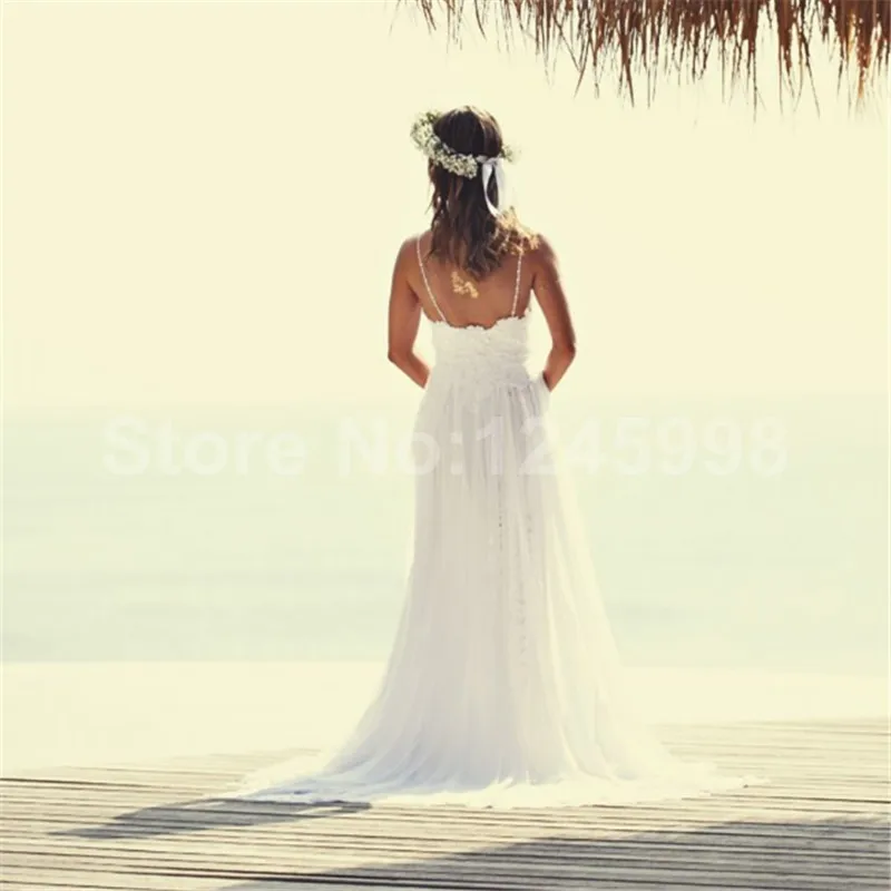 Oceanside 2016 New Beach Spaghetti Straps White Ivory Lace Chiffon wedding dress bridal gown robe de mariage Vestido noiva | Свадьбы и