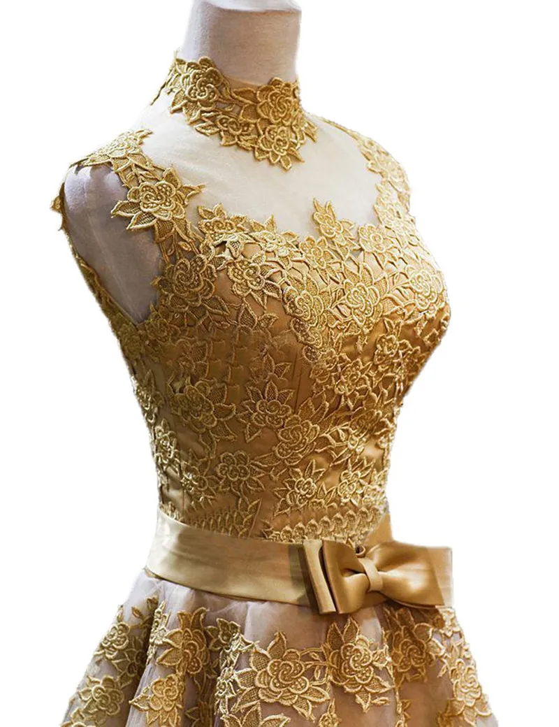 Robe De Soiree, золотые короткие кружевные вечерние платья, платья для банкета Vintga, с высоким воротом, vestido de festa, платья для выпускного вечера, вечернее платье