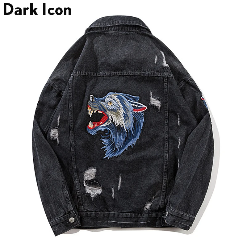 Темный логотип Волк Вышивка джинсовая куртка мужская 2019 Новая мода стиральная