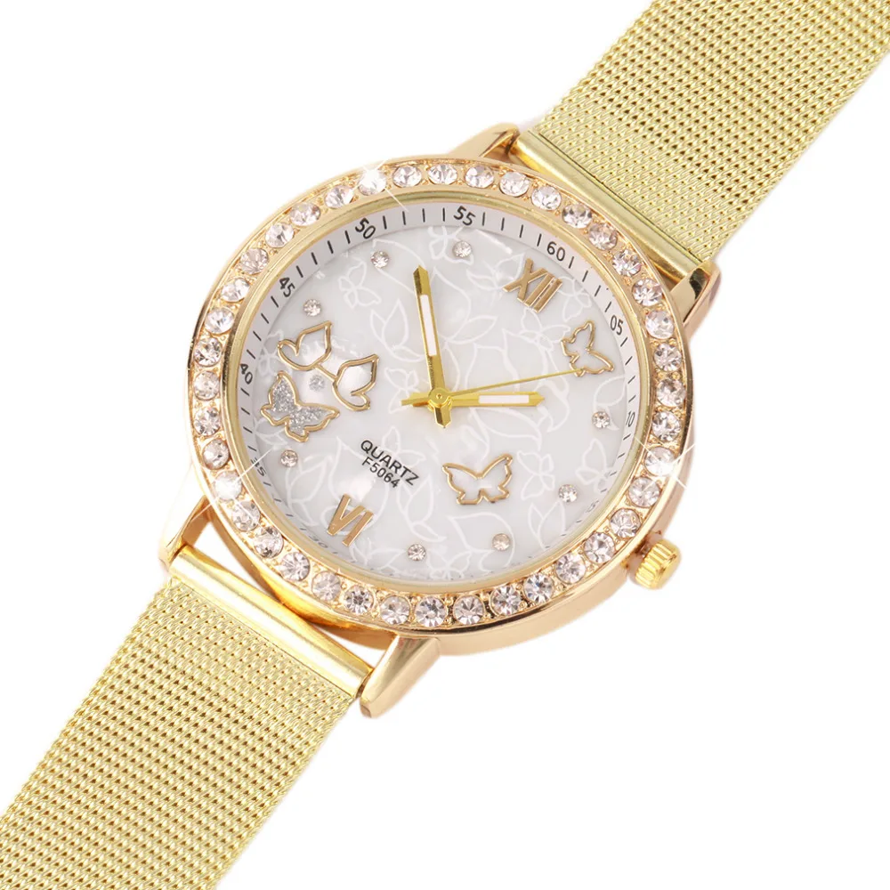 Женские Модные Кристаллы с металлической бабочкой сетчатый ремешок Кварцевые