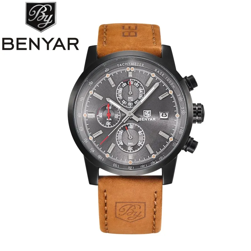 L black grey Relojes Hombre, бнейар, кварцевые часы, мужские, брендовые, водонепроницаемые, с хронографом, спортивные, кожаные, военные, наручные часы, Relogio Masculino - Цвет: L black grey