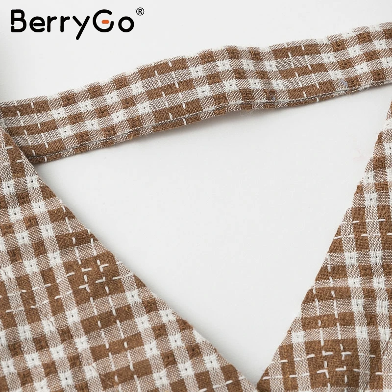 BerryGo/винтажная клетчатая женская блузка со шнуровкой, рубашка, сексуальный женский топ с открытой спиной, осенняя рубашка с пышными рукавами, большие женские блузки, рубашка