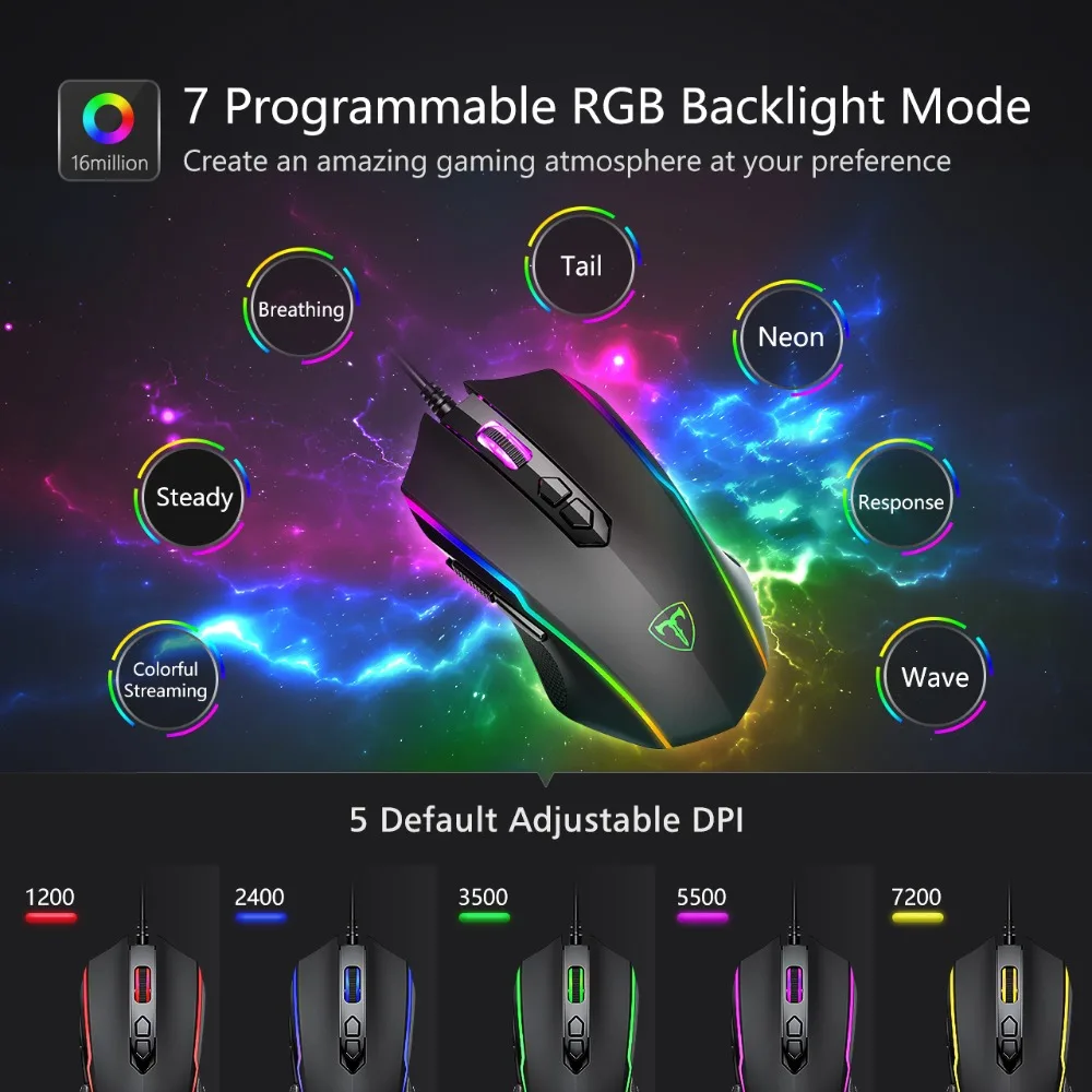 Игровая мышь VicTsing RGB 8 программируемых кнопок 7200 DPI Регулируемая оптическая