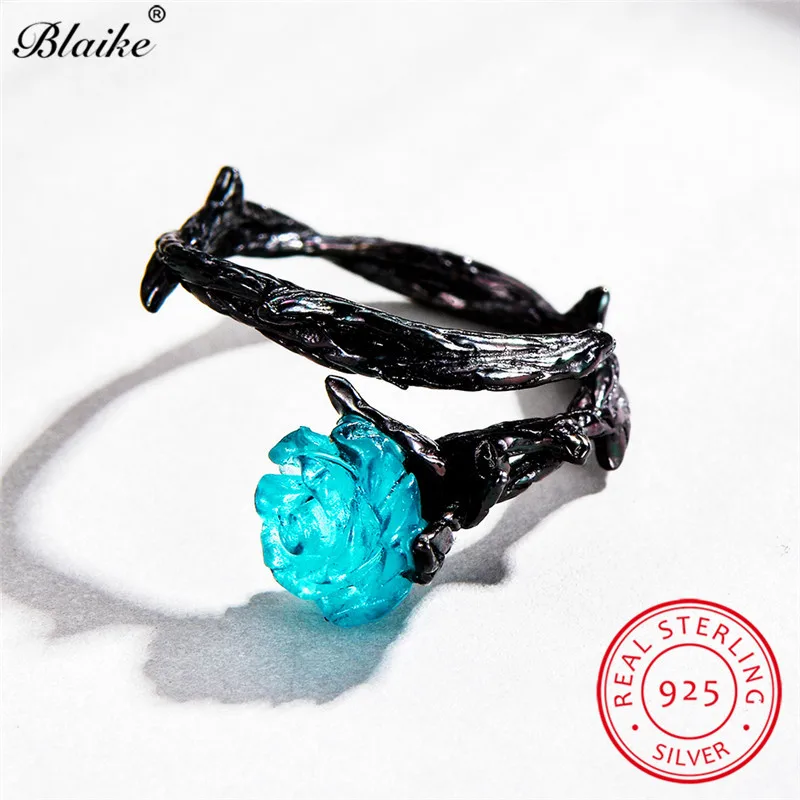 Blaike 925 кольцо из стерлингового серебра с голубым цветком розы кольца для женщин