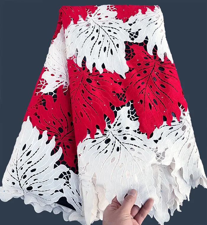 Red OffWhite Очень аккуратное большое вышитое Африканское нигерийское гипюровое кружево шнур кружевная ткань очень мягкая Высококачественная 5 ярдов за штуку - Цвет: Red OffWhite