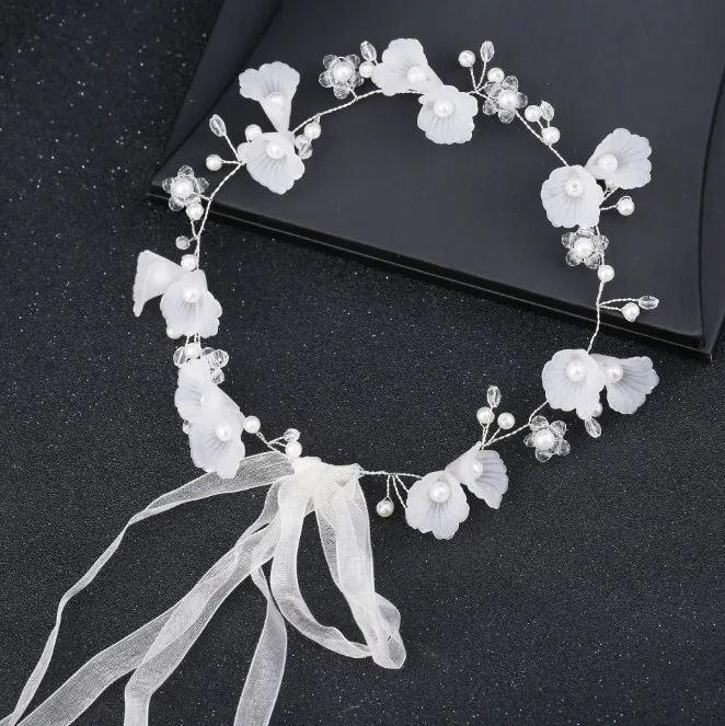 Gold White Flower Floral Crystal Pearl headband hair band Wedding Jewelry Headdress For Bride Handmade Hair Accessories | Украшения и