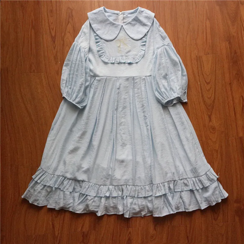 light blue Милое Платье для девочек в стиле Лолиты; однотонное платье феи с вышивкой и воротником «Питер Пэн»; свободное Повседневное платье с рукавом до локтя; женское платье; Faldas - Цвет: light blue