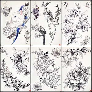 Эскиз-карандаш, временные женские наклейки с татуировкой на грудь, черная поддельная Талия, зеленая Цветочная девушка, водонепроницаемая Бриллиантовая ключица