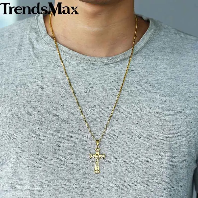 Trendsmax крест кулон для мужчин и женщин распятие INRI Jesus мужское золотое ожерелье с подвеской католическая женщина ювелирные изделия подарки KGP298A