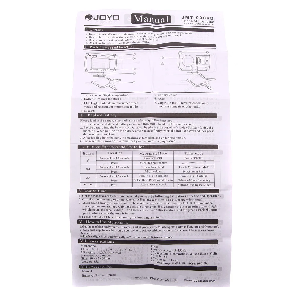 Гитарный тюнер JOYO JMT 9006B электронный метроном с клипсой подсветкой для