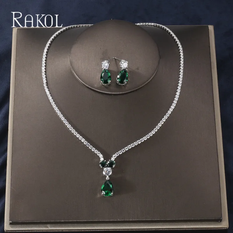 RAKOL Новая мода Роскошные AAA циркон форма капли воды ожерелье серьги набор украшений для женщин вечерние свадебное платье аксессуары
