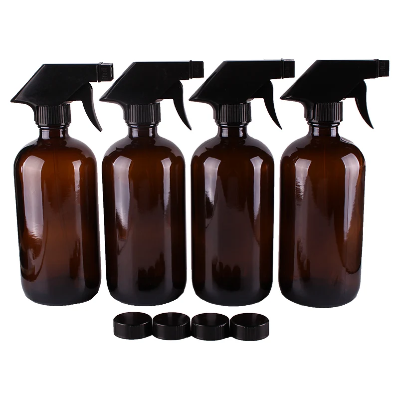 

4pcs 500ml 16OZ Amber Glass Spray Stream Bottle w/ black trigger sprayer cap for essential oil empty cosmetic container cleaning