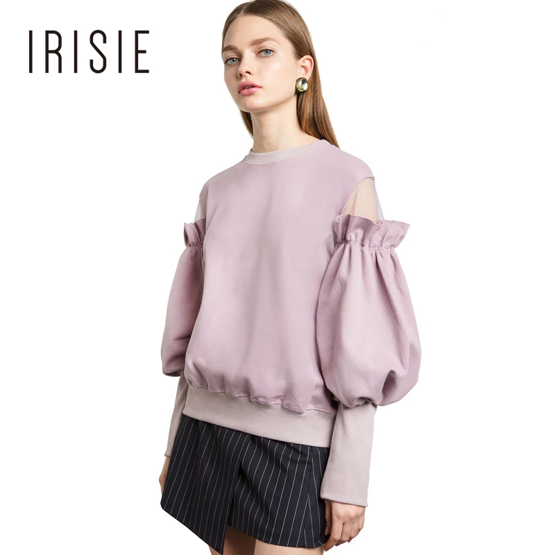 IRISIE 2017 Summer Fashion Women Sweatershirts Purple Crew Neck Frill Lantern Sleeve Tops Casual Sweet Patchwork Sweatershirt|women