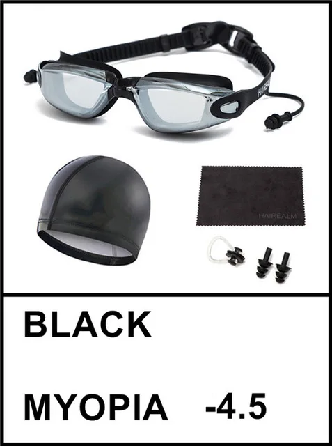 Black-Set Myopia 450 Очки для плавания по рецепту(близорукие 0-8,0 диоптрий), очки для плавания для близорукости+ шапочка для плавания+ зажим для носа+ беруши+ Сухая ткань - Цвет: Black-Set Myopia 450