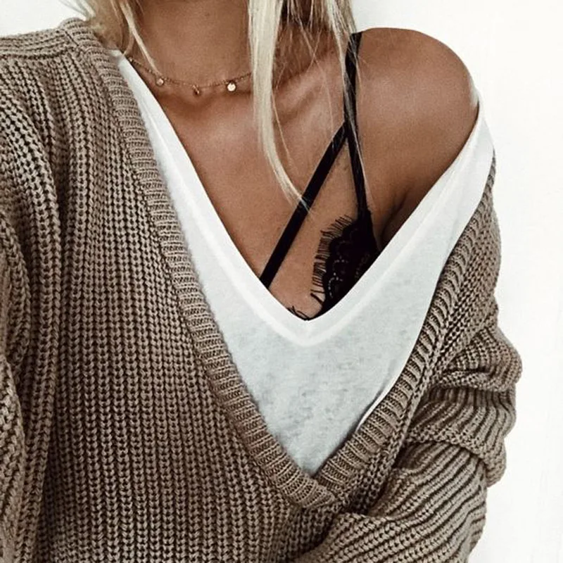 2019 New Fashion Women Casual Deep V Neck Knitted Sweater Jumper Tops Long Sleeve Loose Solid color Pullover | Женская одежда