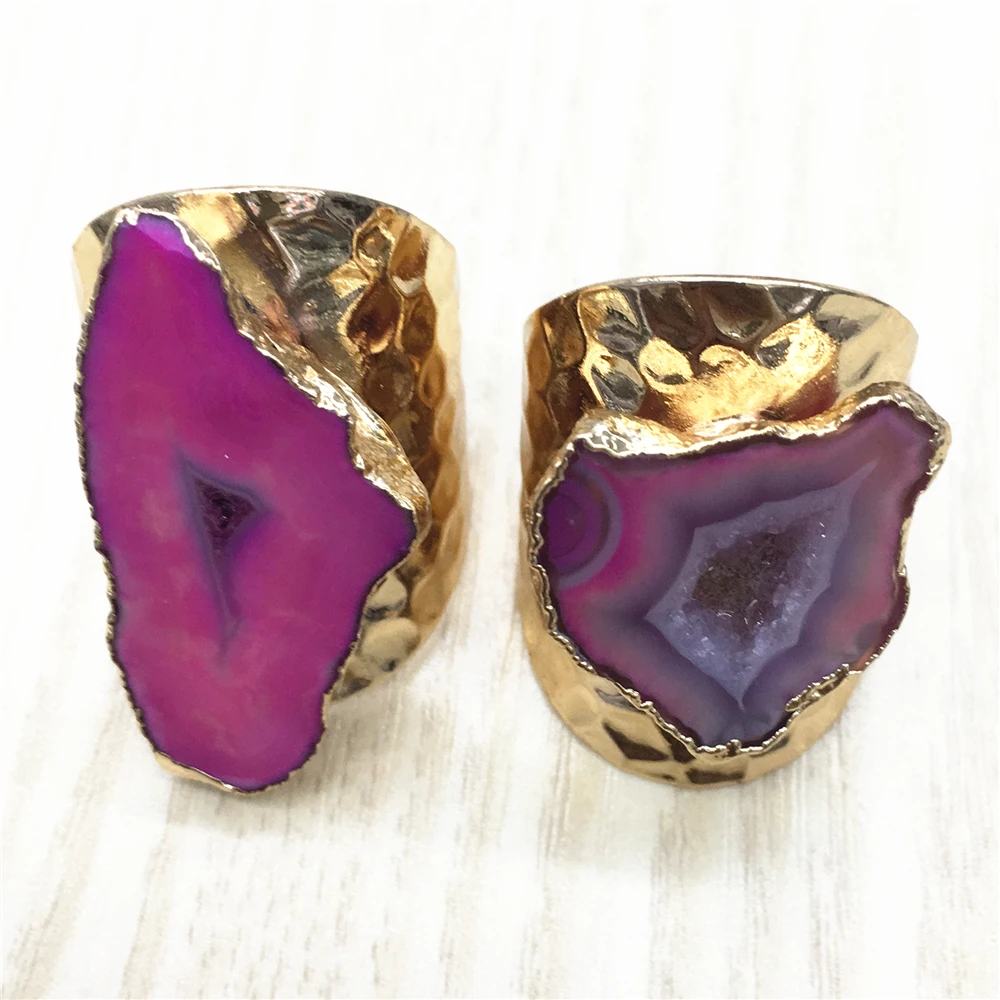 Rose RED Горячая Распродажа, кольца из натурального камня, геодные кольца, 24K золото, гальванические необработанные Агаты, Geode Cave Slice Ring, изменяемые размеры, ювелирные изделия,, 6 шт - Цвет основного камня: Rose RED