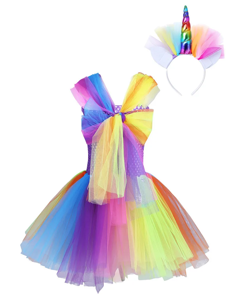 Kids Girls Adjustable Cap Sleeves Rainbow Tutu Dress with Hair Hoop Outfit Cute Set for Halloween Cosplay Party Costume SZ 2-10 | Детская