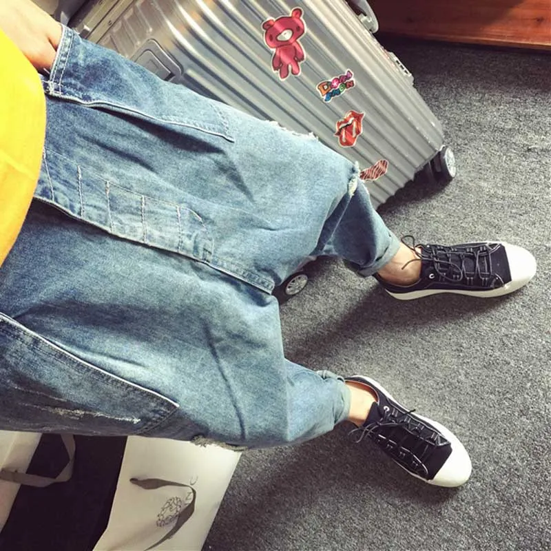 Loose Baggy Harem Jeans Men Hip Hop Ripple Jeans Denim Pants Streetwear Low Crotch Distressed Jeans Blue Trousers Male Clothes