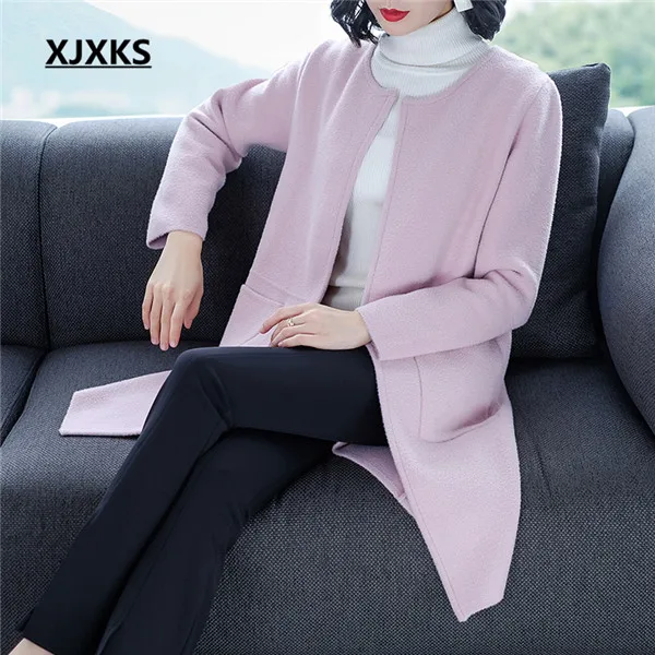 XJXKS abrigos mujer invierno новые модные простые женские шерстяные пальто шерстяное вязаное повседневное женское пальто-кардиган - Цвет: Розовый