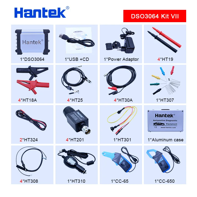 DSO3064 Kit VII Hantek DSO3064 автомобильный осциллограф комплект для диагностики автомобиля 4 канала USB 2,0 200 мс/с 60 МГц счетчик Frenquency LAN опционально - Цвет: DSO3064 Kit VII