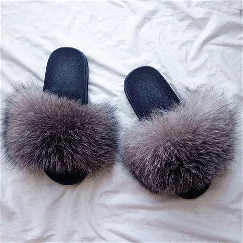 Шлепанцы с лисьим мехом мягкие Меховые шлепанцы на плоской подошве уличные