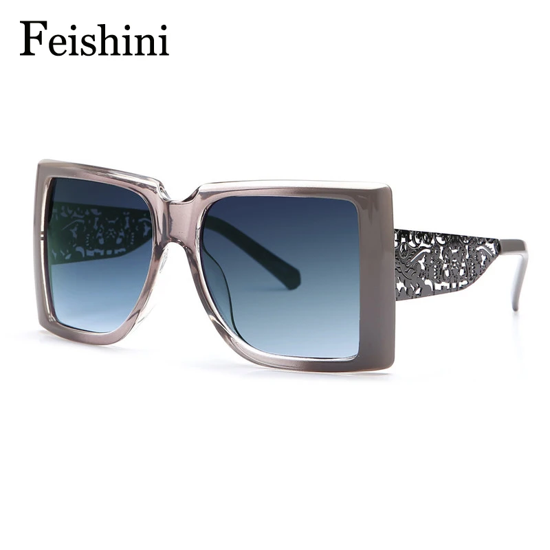 FEISHINI, брендовые, с металлическим узором, полые ноги, oculos de sol feminino, для девушек, суперзвезда, негабаритные солнцезащитные очки, для женщин, квадратные, винтажные, черные