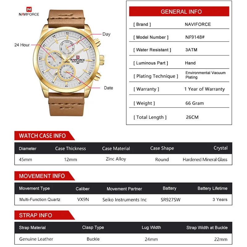 Naviforece мужские часы лучший бренд класса люкс водонепроницаемые хронограф