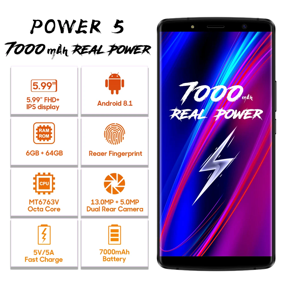 LEAGOO power 5 мобильный телефон Android 8 1 MTK6763 Восьмиядерный 99 &quotFHD 6 ГБ 64 Гб 7000 мАч 5V5A