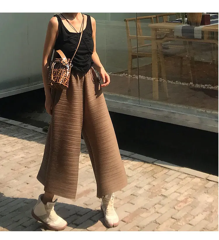 Cocoa color Дизайн MIYAKE тонкие авокадо Летние Плиссированные брюки семь точек широкие брюки - Цвет: Cocoa color