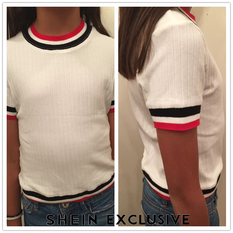SHEIN Kids/белая полосатая Повседневная футболка в рубчик для девочек, одежда г. Летние корейские футболки с короткими рукавами Топы для активных девочек