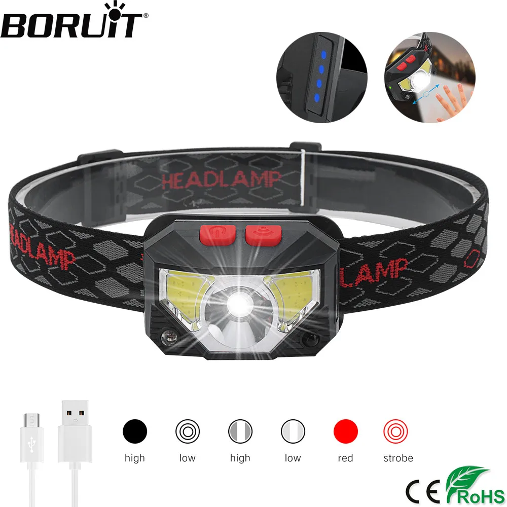 BORUiT XPG COB светодиодный индукционный мини налобный фонарь 6 режимов 1000LM датчик