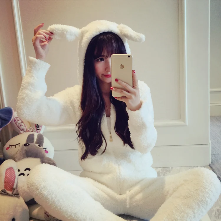 Японский зимний свитер пике женские пижамы с капюшоном и кроличьими ушками