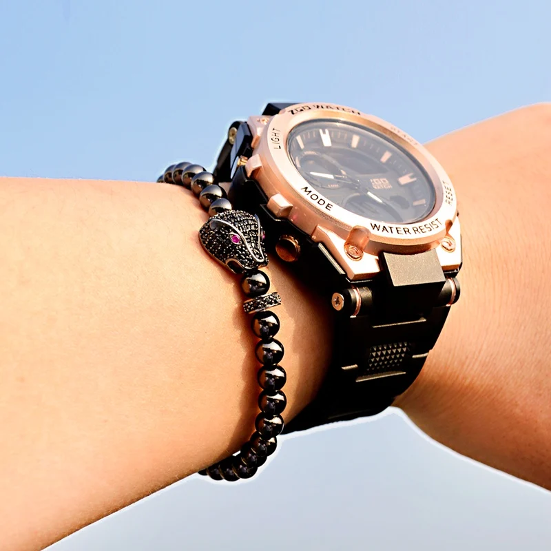 2019 Trendy Men Elastic Bracelets White Micro Pave CZ Leopard Charm &amp Bangles Male Beads Jewelry Gift ABL045 | Украшения и