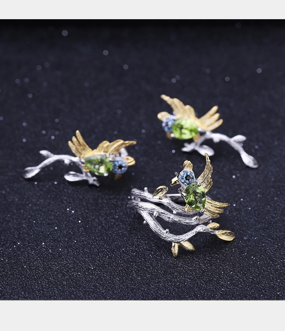 GEM'S балетные 925 пробы серебряные ювелирные изделия 0.78Ct натуральный зеленый перидот драгоценный камень кольцо птица на ветке кольца для женщин подарок