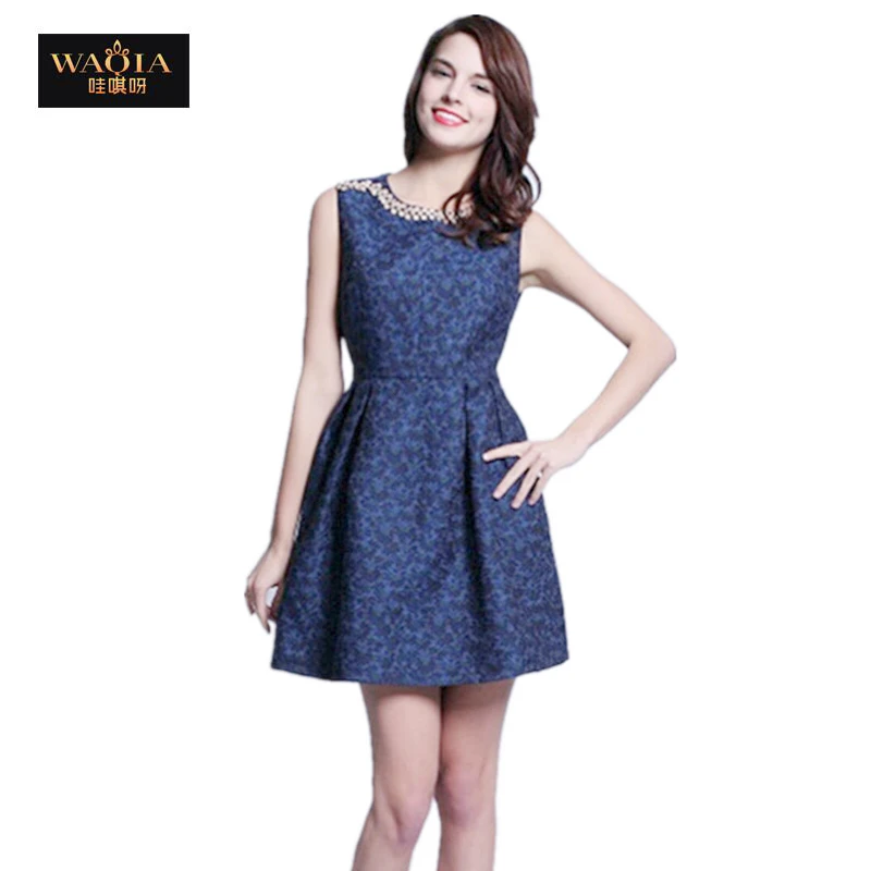 New Hot 2015 Summer Fashion Heavy Beaded Jacquard Vest Tutu Dresses Cozy O-Neck Sleeveless Ball Gown Elegant Slim Ladies Dresses