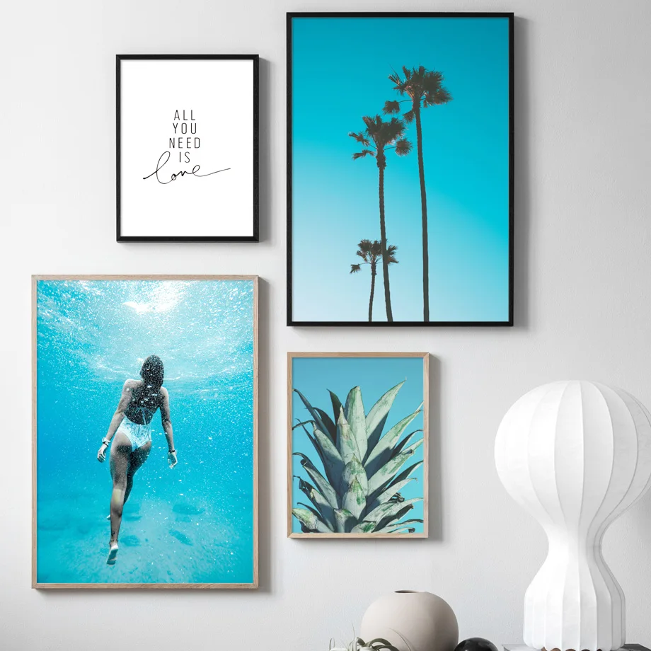 

Blue Sea Girl Palm Tree Pineapple Quotes Wall Art Canvas Painting Nordic Posters And Prints Wall Pictures For Living Room Decor