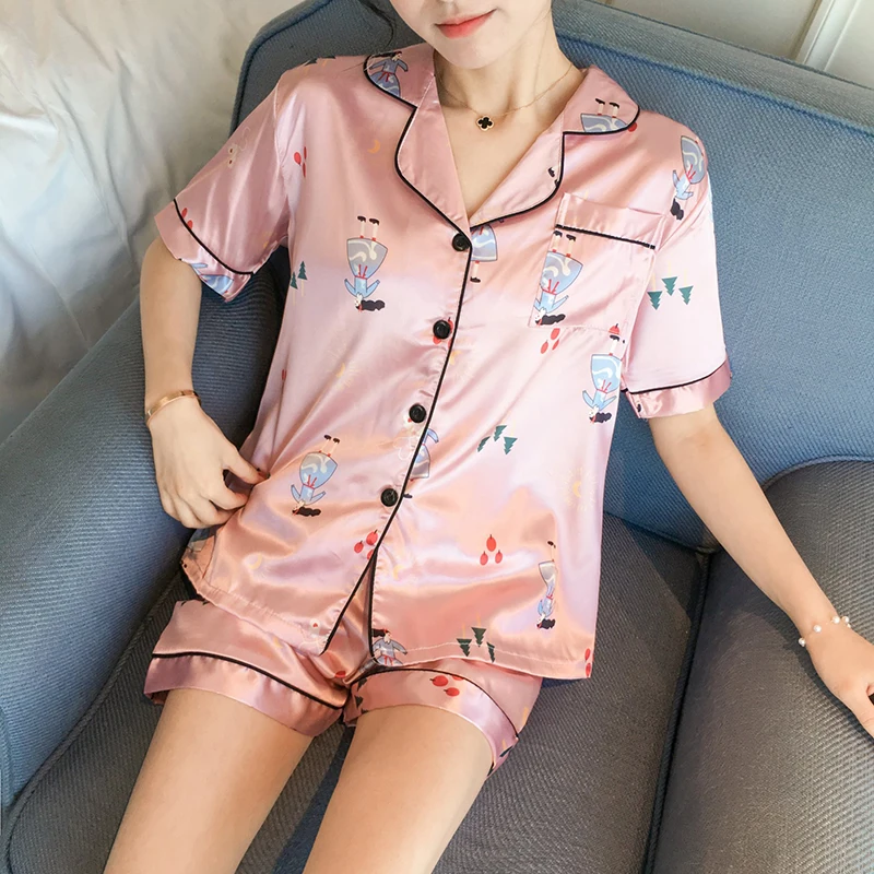Милый розовый мультфильм шелковые пижамы для женщин с коротким рукавом пижамный