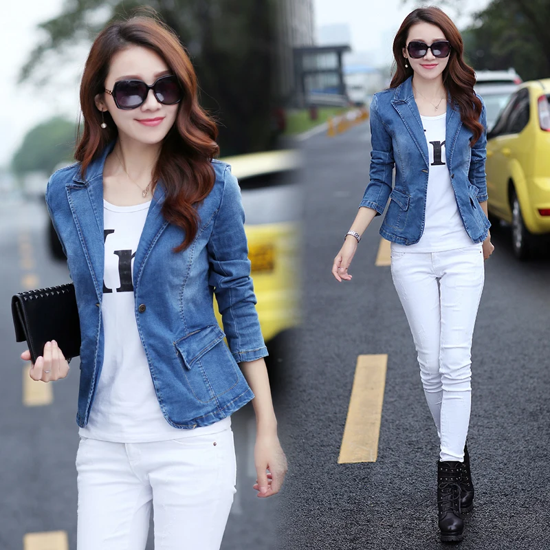 

Spring Autumn Slim Denim Jacket causal Blue Long Sleeve jeans jacket One Button Fashion Slim Suit Jacket