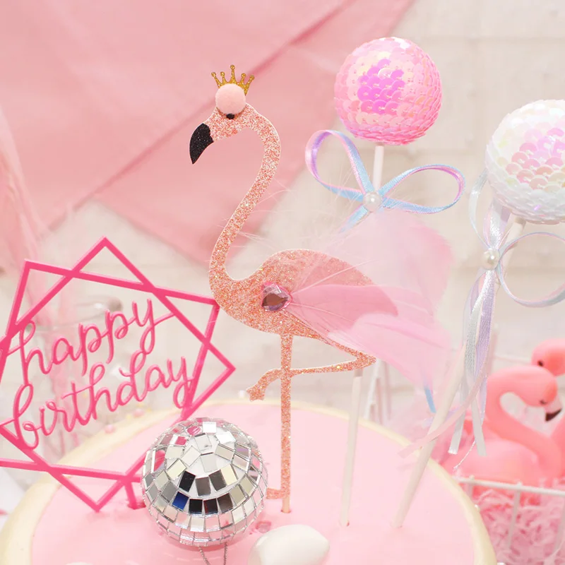 1 шт. Розовый Блестящий фламинго Шелковый шар топпер для торта на день рождения