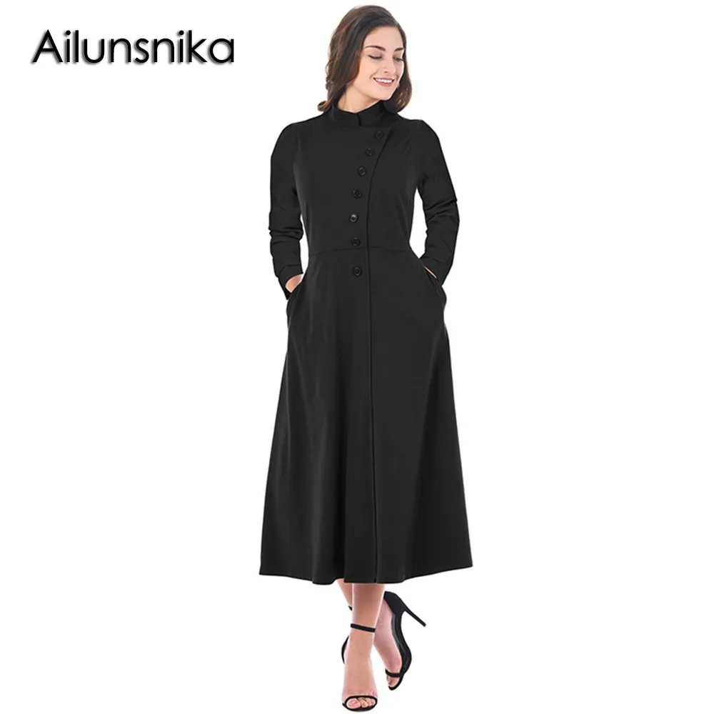 Ailunsnika Для женщин Мода Боковая кнопка воротник стойка A Line Midi Dress Водолазка | Отзывы и видеообзор