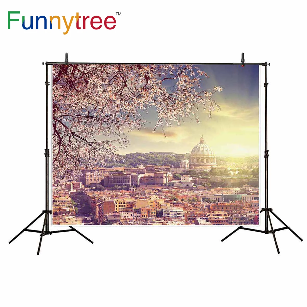 

Funnytree photography backdrop spring Cherry blossoms ancient city building background photo studio photographic decor